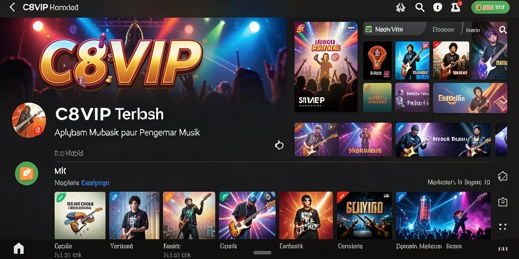 Screenshot gameplay C8VIP dengan tampilan berbagai lagu dan artis.