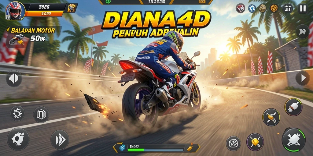 Tampilan gameplay seru DIANA4D dengan balapan motor yang menegangkan.