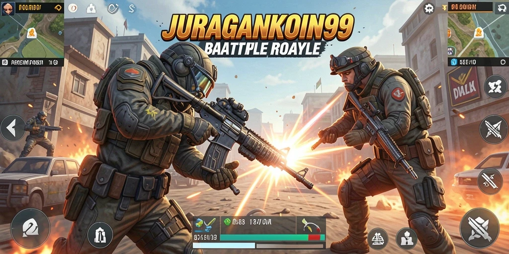 Skrinsut gameplay JURAGANKOIN99 menampilkan pertempuran seru di arena Battle Royale.