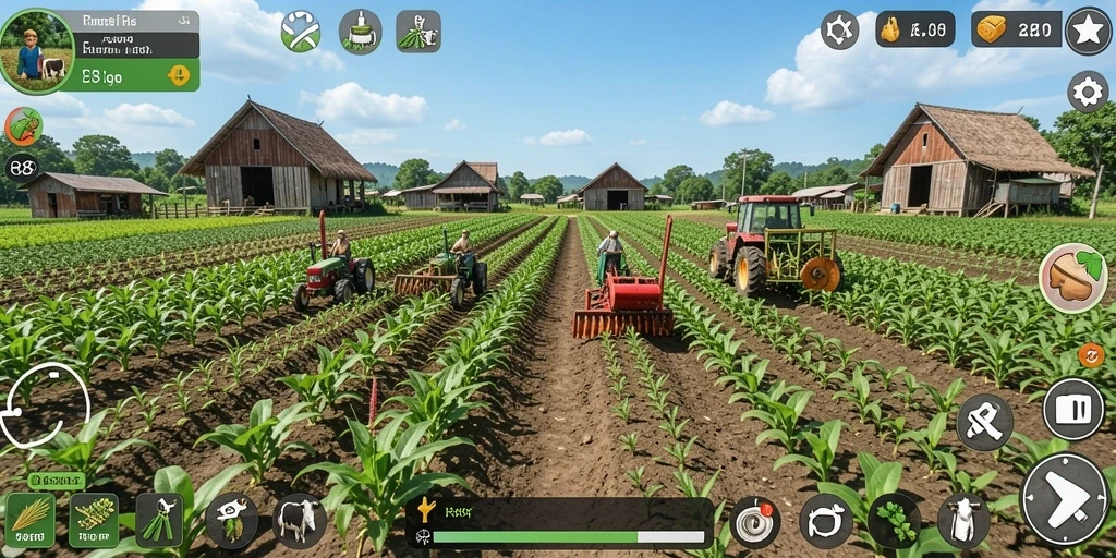 Tampilan gameplay RR89 yang penuh warna di dunia pertanian.
