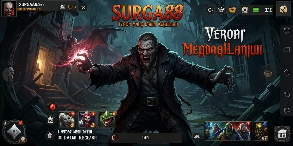 Screenshot SURGA88 menampilkan suasana mencekam dengan elemen horor yang kuat.